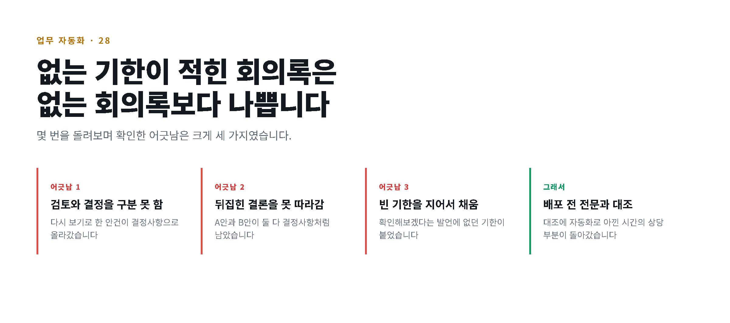 자동 요약이 결정사항에서 틀린 세 가지 어긋남과 대조 규칙을 정리한 단계 도해
