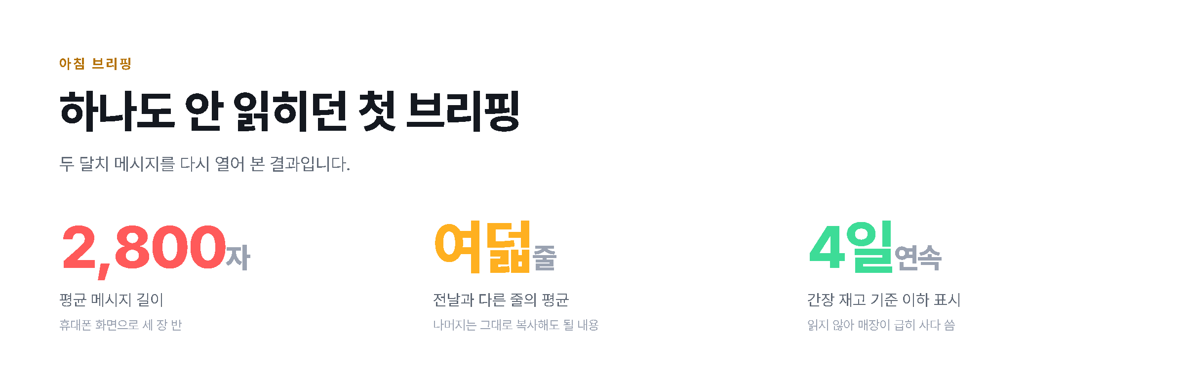 첫 두 달 브리핑의 길이와 바뀐 줄 수를 숫자로 정리한 도해